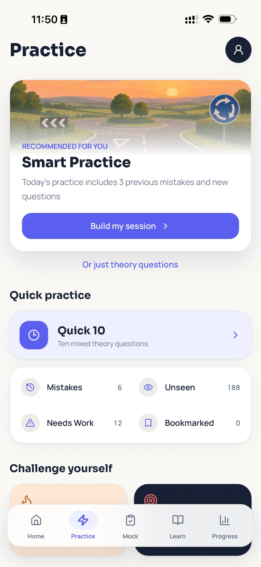 Practice screen with Smart Practice, Quick 10 and practice modes