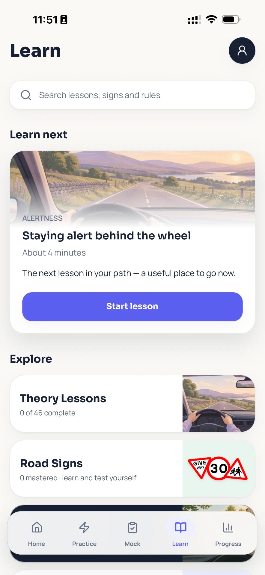 Learn screen with the next lesson, Theory Lessons and Road Signs